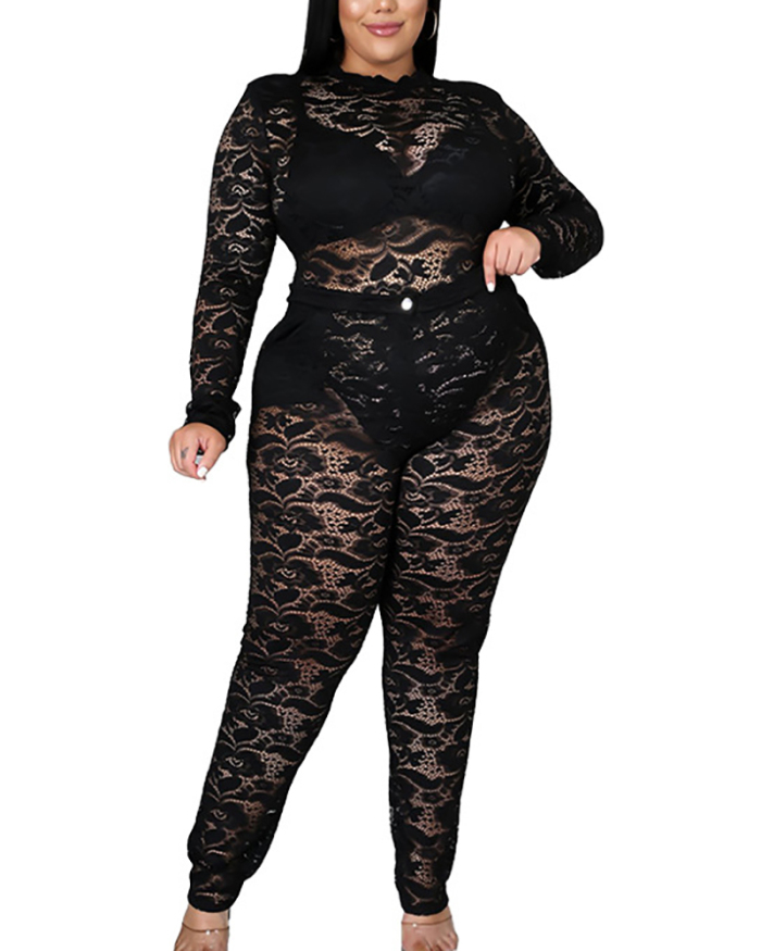 Plus Size Solid Color See-through Lace Sexy Nightclub Outfit Two-piece Set L-4XL