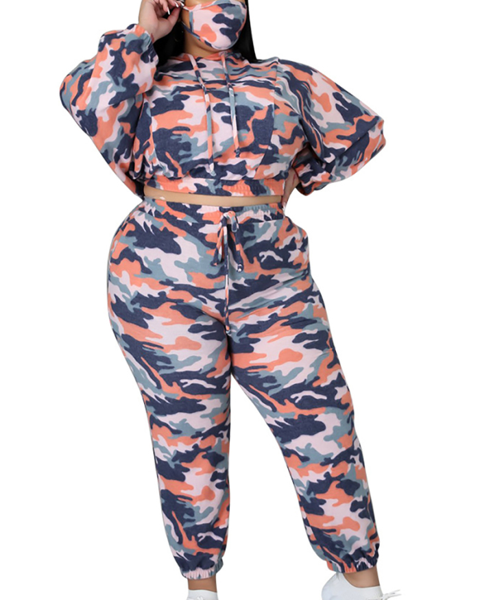 Plus Size Camouflage Print Lace-up Sexy Urban Fashion Casual Two-piece Suit L-4XL