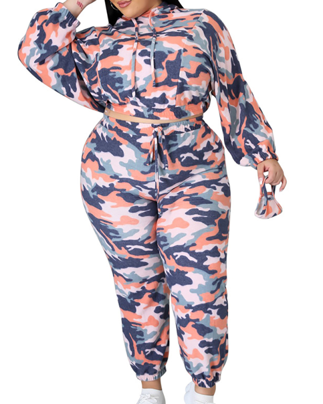 Plus Size Camouflage Print Lace-up Sexy Urban Fashion Casual Two-piece Suit L-4XL