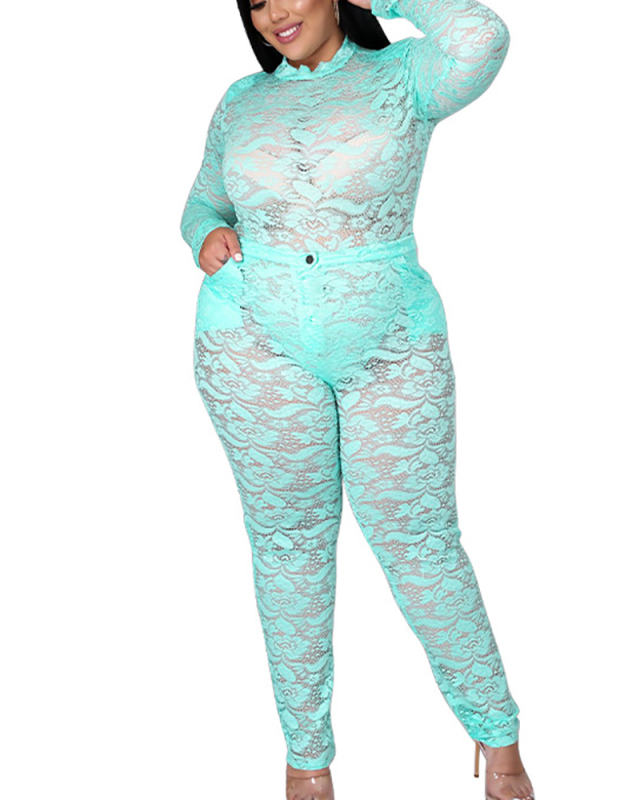 Plus Size Solid Color See-through Lace Sexy Nightclub Outfit Two-piece Set L-4XL