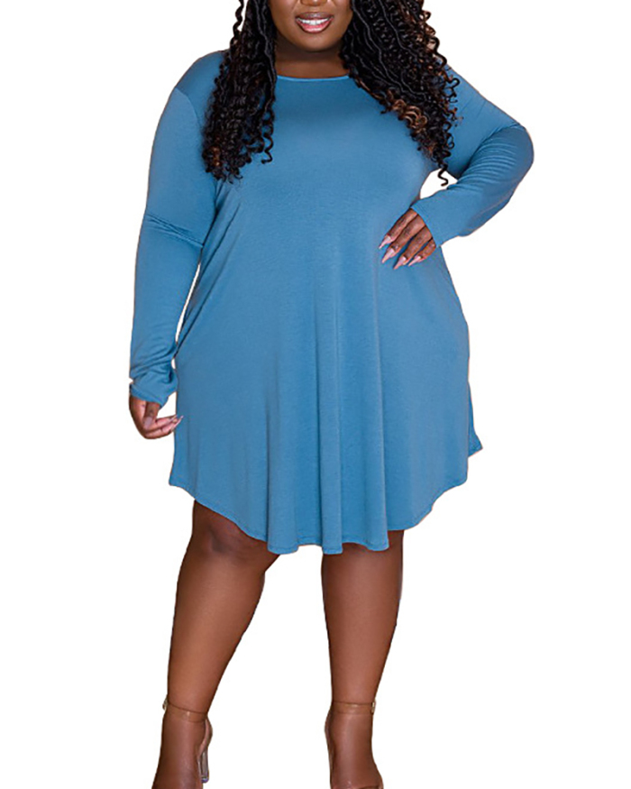 Plus Size Solid Color Loose Casual Ladies Long Sleeve Dress L-4XL