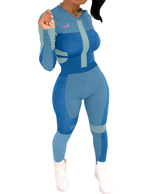 Women Long Sleeve Colorblock Autumn Jumpsuits Light Blue Gray Black S-2XL