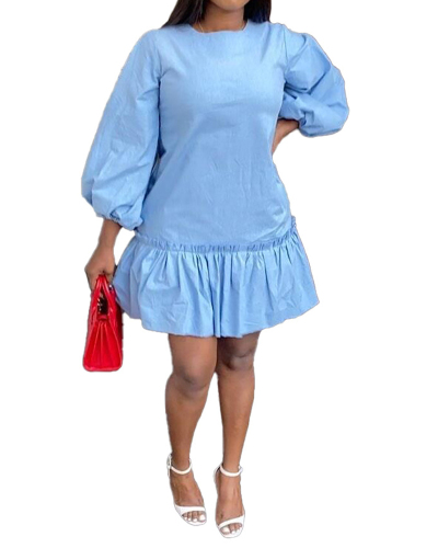 Fashion Puff Sleeve O-neck Ruched Hem Casual Dresses Mini Dresses Blue S-2XL