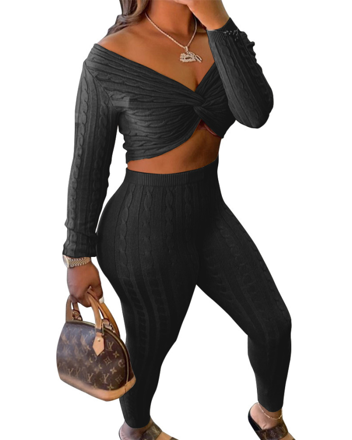 Ladies Twisted Top Pants Two-piece Sweater Set S-2XL