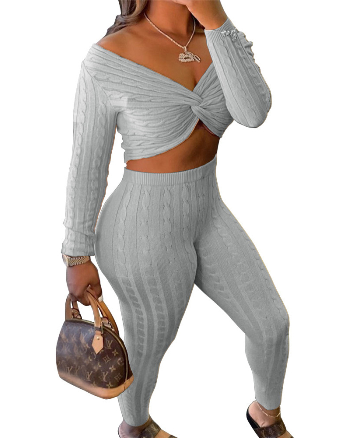 Ladies Twisted Top Pants Two-piece Sweater Set S-2XL