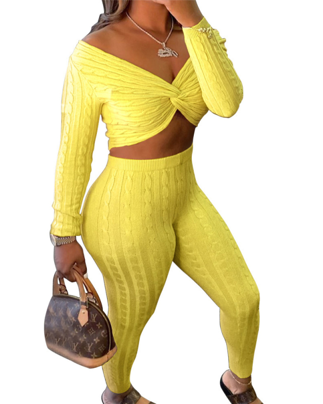 Ladies Twisted Top Pants Two-piece Sweater Set S-2XL