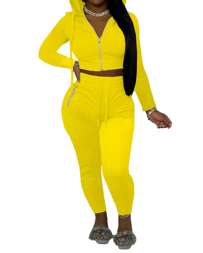 Women Long Sleeve Hoodies Solid Color Sports Wear Pants Sets Two Pieces Outfit Black Yellow Red S-2XL