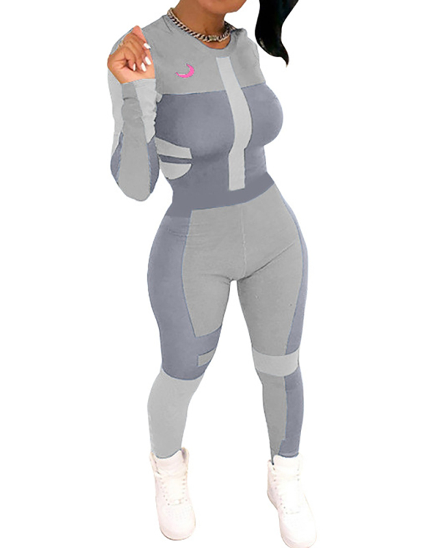 Women Long Sleeve Colorblock Autumn Jumpsuits Light Blue Gray Black S-2XL