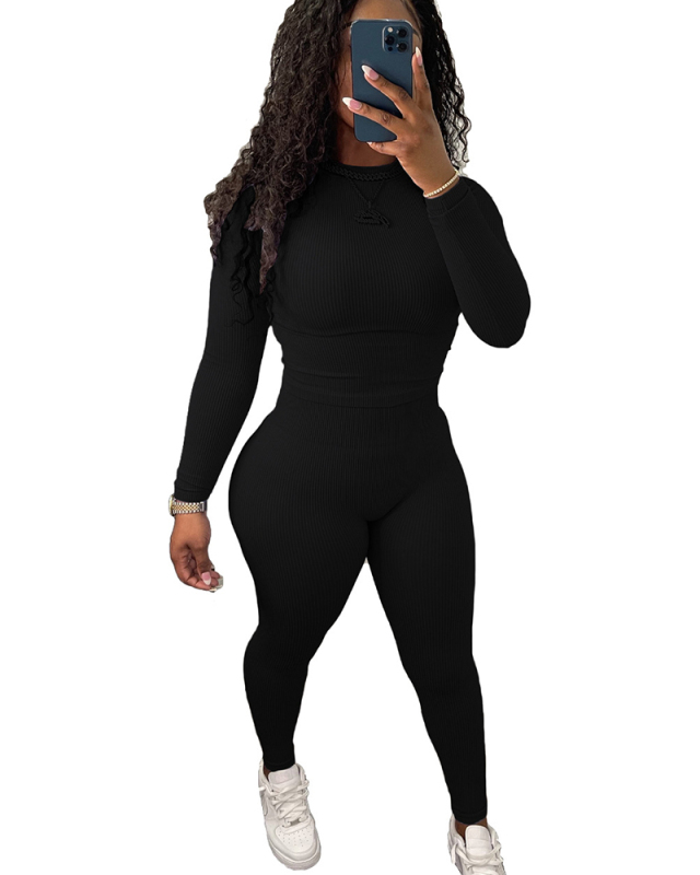 Solid Color Ribbing Long Sleeve Two-piece Leggings Suit Multi Color S-2XL