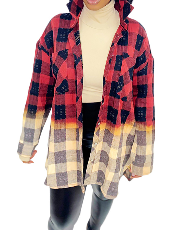 Women Long Sleeve Colorblock Lattice Blouse Coats Red Green S-2XL