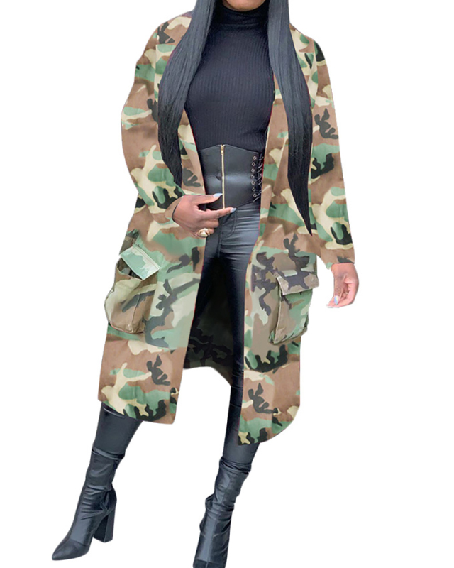 Women Fashion Long Sleeve Camo Long Coats Pink Gray Green S-XL