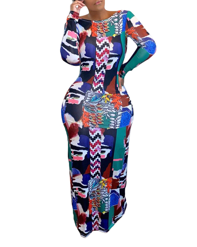 Women Printed Long Sleeve Backless Casual Maxi Dresses S-2XL