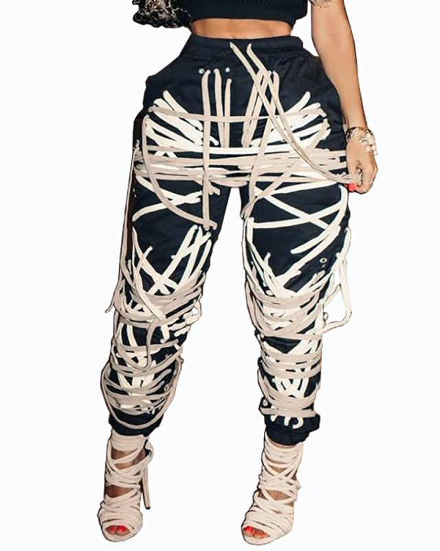 Trendy Dark Black Lace-up Non-printing Trousers Multi Color S-3XL