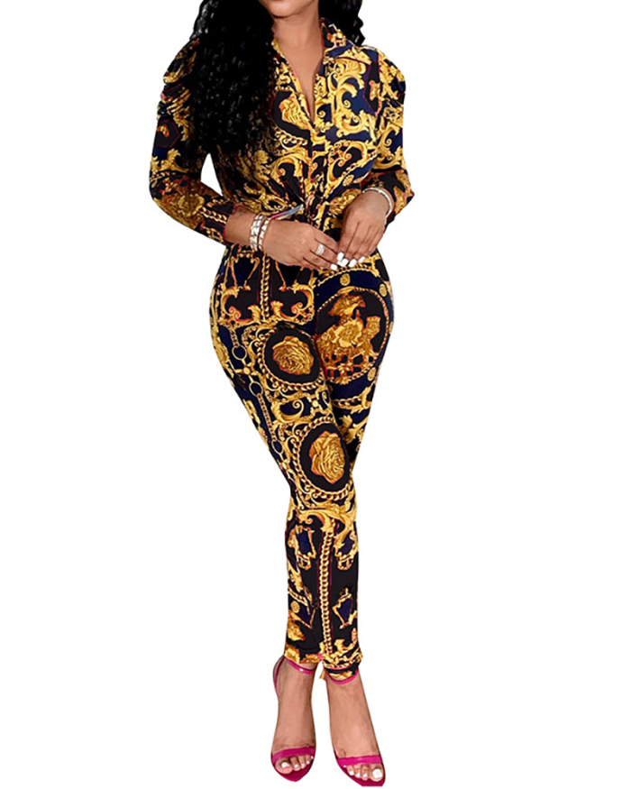Ladies Fashion New Long Sleeve Printed Shirt Collar Buttoned Cardigan Two-Piece Suit S-XXL