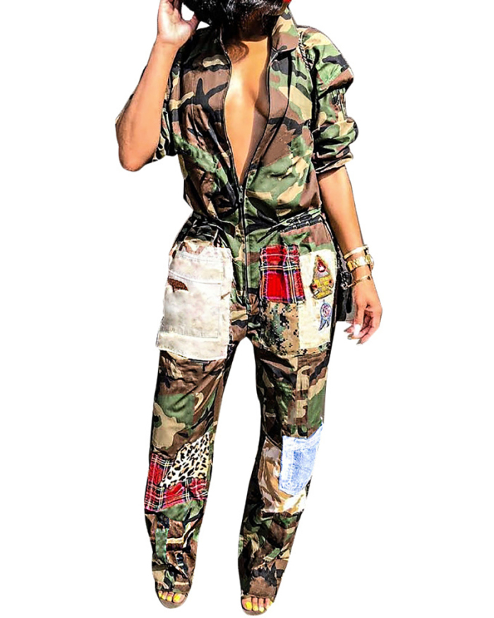 Ladies Fashion Camouflage Print Sexy Casual Sports Long-Sleeved Jumpsuit S-XXL