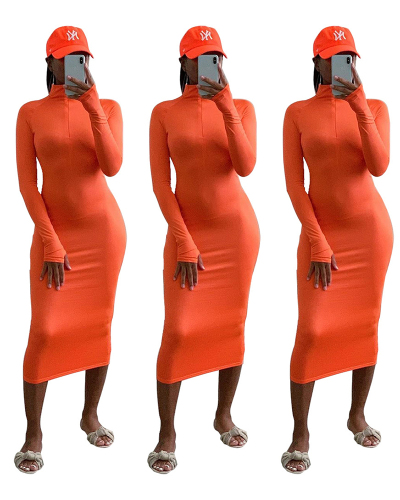 Solid Bright Orange Color Slim Dress Midi Dress S-2XL