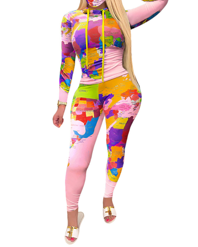 Women Map Printing Two Piece Set Pink Purple Green S-4XL 