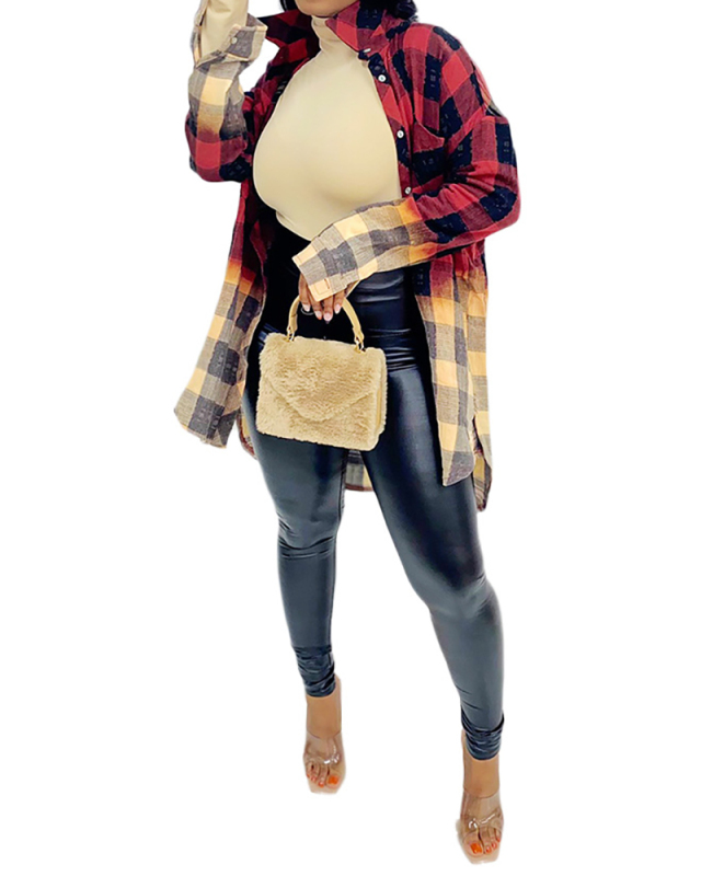 Women Long Sleeve Colorblock Lattice Blouse Coats Red Green S-2XL