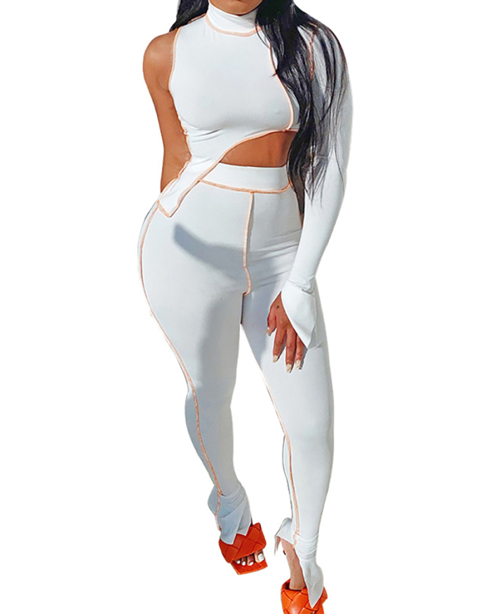 Women Sexy Irregular One Sleeve Hollow Out Tops Solid Color Pants Sets Two pieces Outfit White Black Orange Purple S-2XL