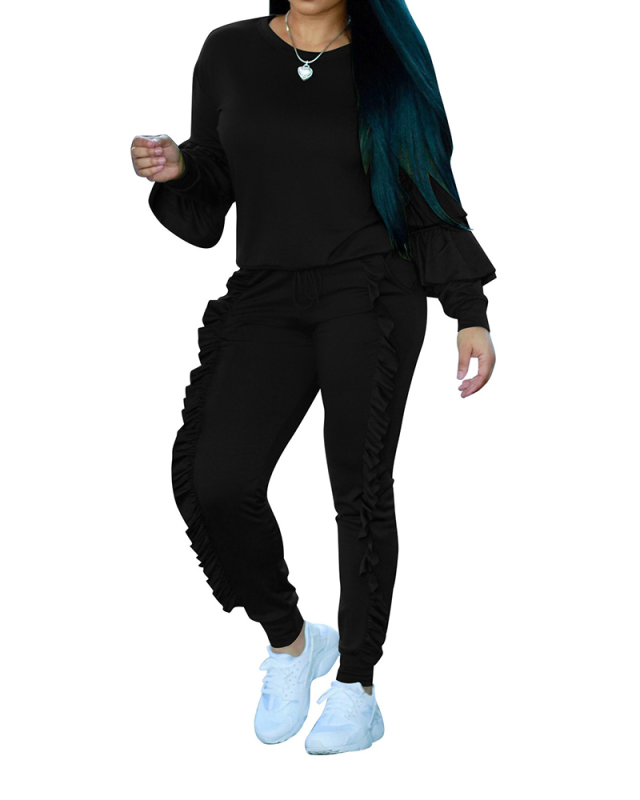 Fashion Women O-Neck Long Sleeve Ruched Patchwork Solid Color Tops and Pants Sets Two Pieces Outfit Yellow Purple Gray Black Rosy Green Wine Red Blue S-3XL