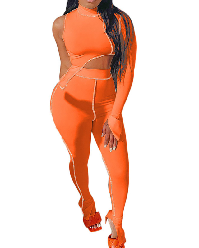 Women Sexy Irregular One Sleeve Hollow Out Tops Solid Color Pants Sets Two pieces Outfit White Black Orange Purple S-2XL