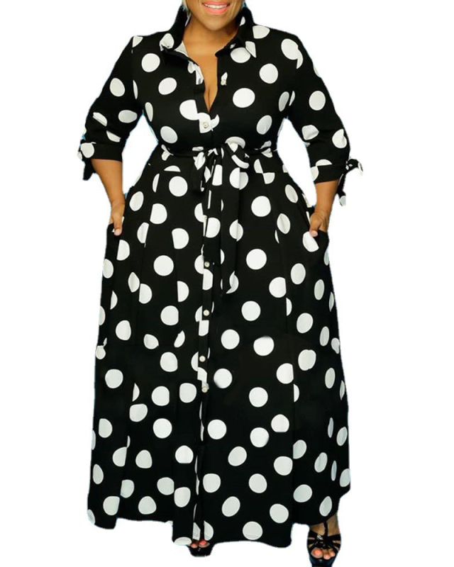 Woman Fashion Shirt Long Sleeve Polka Dot Print Dress XL-5XL