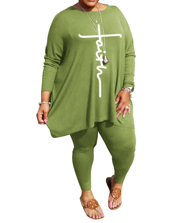 Women's Plus Size Round Neck Loose Long Sleeve Printed Two-Piece Set L-5XL