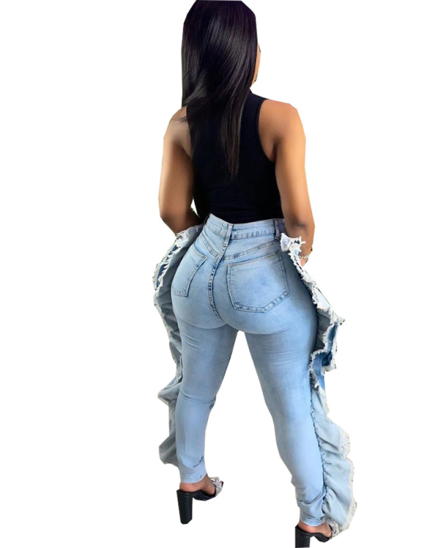 Casual Ripped Flounce Design Baby Blue Jeans Pants S-3XL