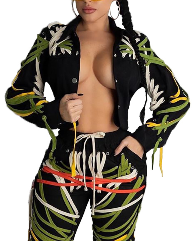 Trendy Dark Black Lace-up Non-printing Coat Multi Color S-2XL