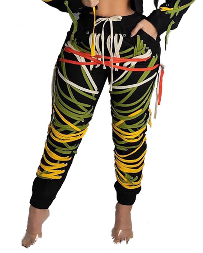 Trendy Dark Black Lace-up Non-printing Trousers Multi Color S-3XL