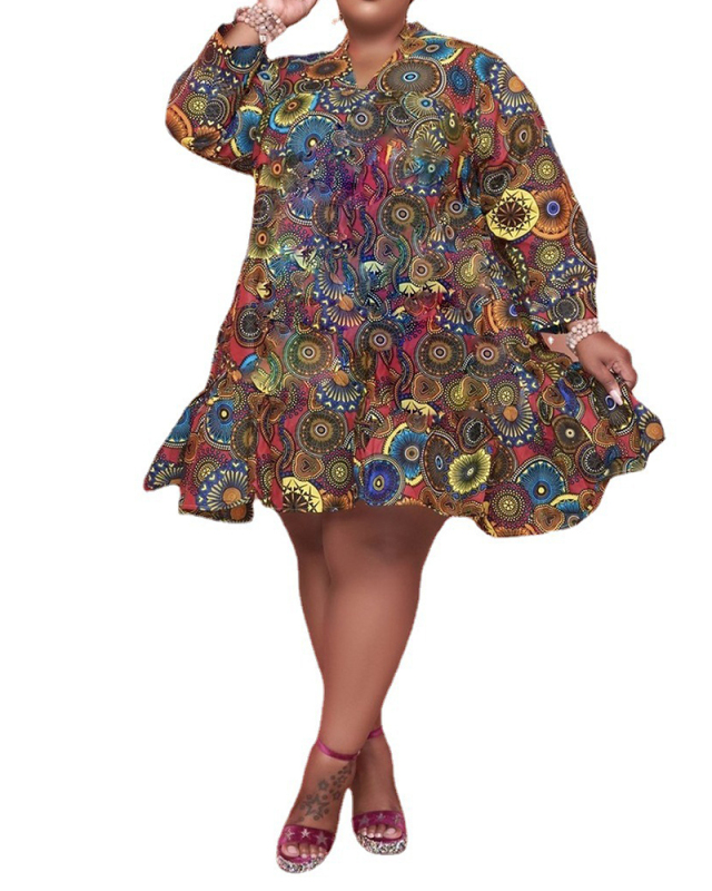 Woman Loose Printed V-Neck Long-Sleeved Plus Size Dress XL-5XL