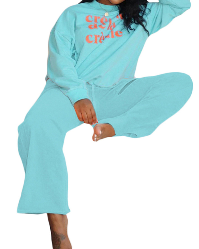 Women Casual Letter Printing Street Style Two Piece Set Blue S-2XL 