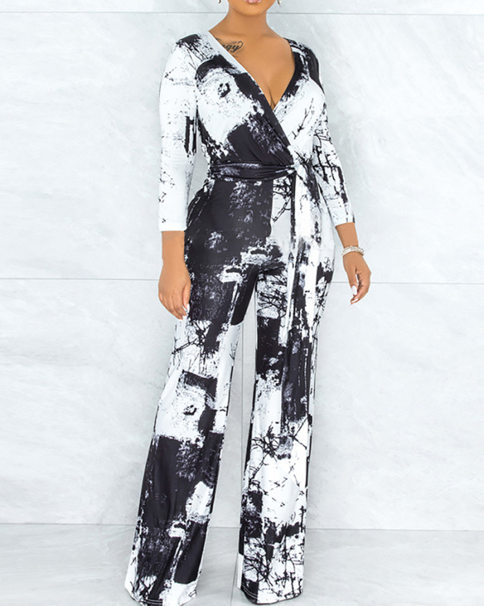 Black and White Inkjet Sputtering Element Print Trousers Loose Jumpsuit S-2XL