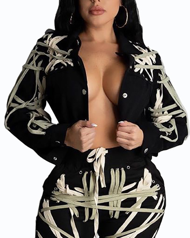 Trendy Dark Black Lace-up Non-printing Coat Multi Color S-2XL