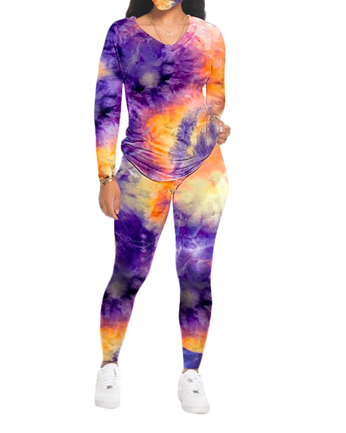 Women V-neck Long Sleeve Tie Dye Pants Sets Two Pieces Outfit S-3XL