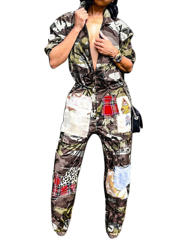 Ladies Fashion Camouflage Print Sexy Casual Sports Long-Sleeved Jumpsuit S-XXL