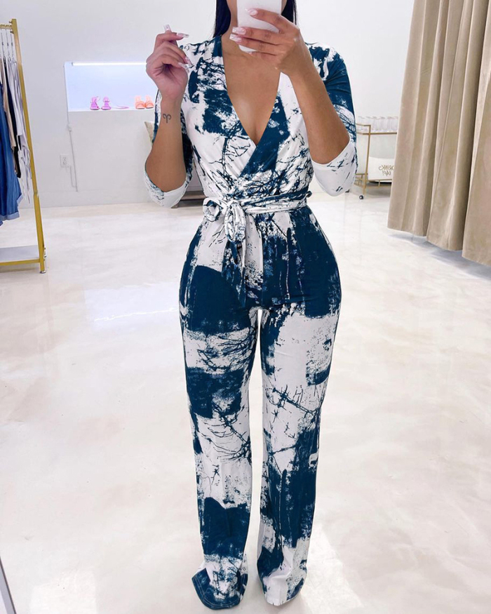 Deep V Tie-up Printed Casual Jumpsuit with Belt S-2XL