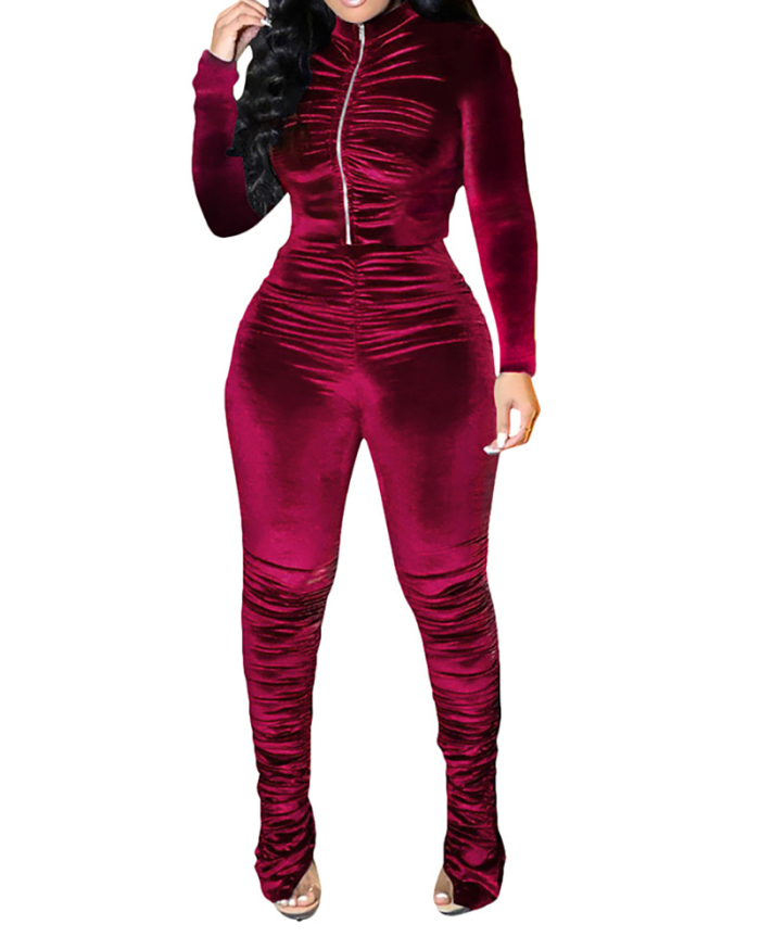 Women Solid Color Long Sleeve Pants Sets Two Pieces Outfit Wine Red Blue Black Pink Gold S-2XL
