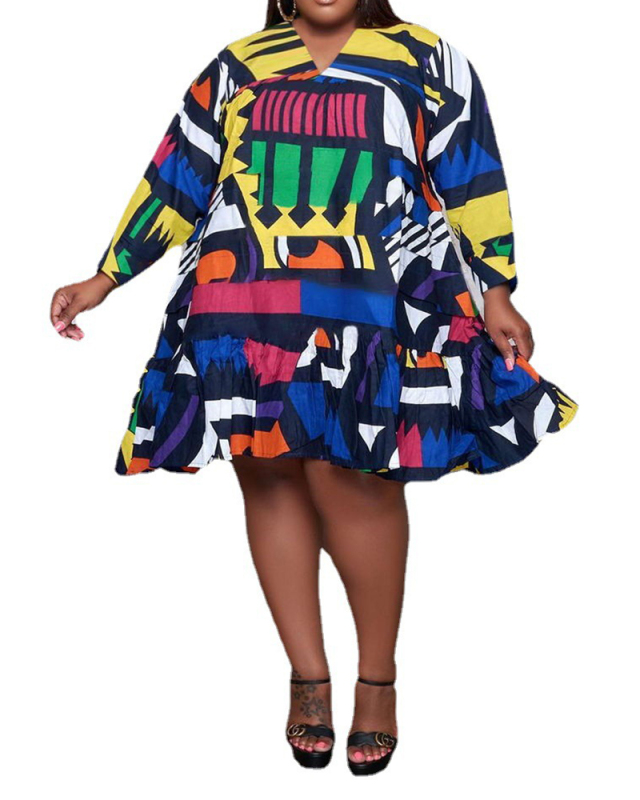 Woman Loose Printed V-Neck Long-Sleeved Plus Size Dress XL-5XL