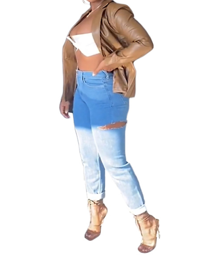Women Cool PU Solid Color Long Sleeve Pocket Jackets Khaki S-3XL