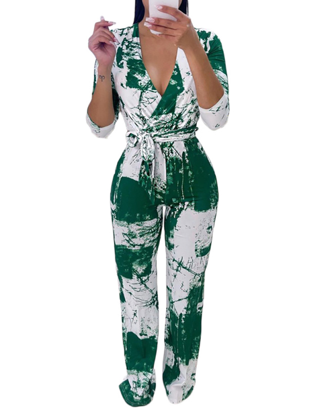 Deep V Tie-up Printed Casual Jumpsuit with Belt S-2XL