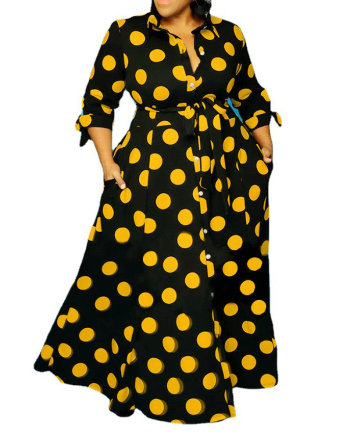 Woman Fashion Shirt Long Sleeve Polka Dot Print Dress XL-5XL