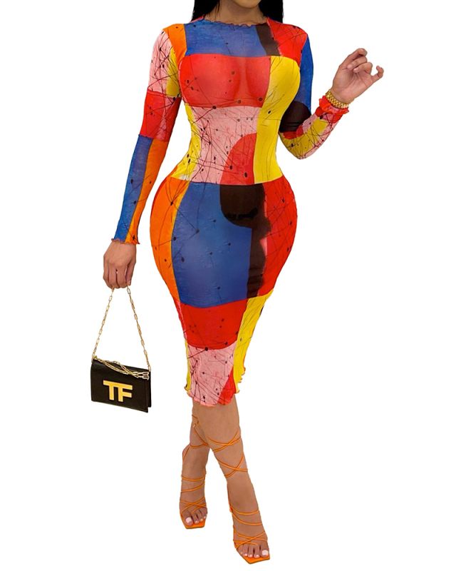 Ladies Fashion New Color Block Stitching Printed Round Neck Long Sleeve Dress S-XL