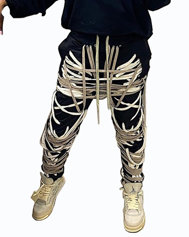 Trendy Dark Black Lace-up Non-printing Trousers Multi Color S-3XL