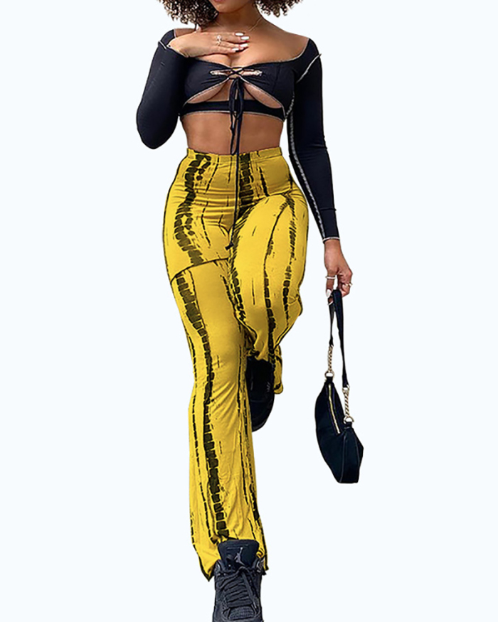 Sexy Halter Hollow Spotted Element Print Fashion Two-piece Pants Set Multi Color S-2XL