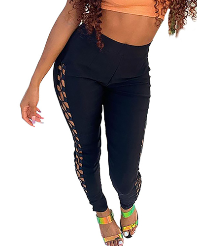 Solid Color Lace-up Sexy Hollow Slim-leg Pants Solid Black S-2XL