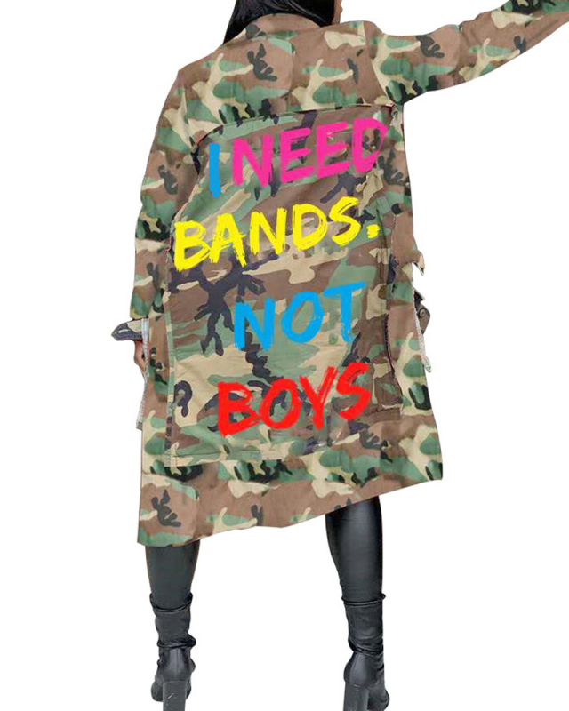 Newest Fall Back Printed Camo Long Sleeve Big Pocket Coats Green S-3XL