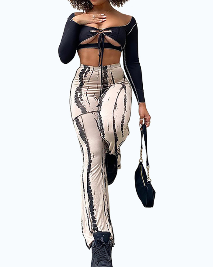 Sexy Halter Hollow Spotted Element Print Fashion Two-piece Pants Set Multi Color S-2XL