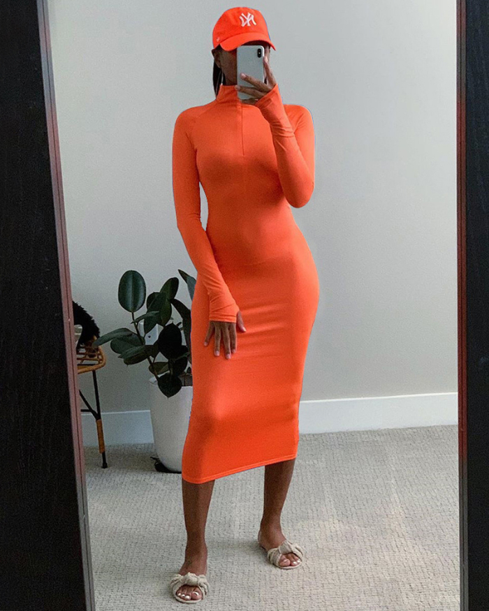 Solid Bright Orange Color Slim Dress Midi Dress S-2XL