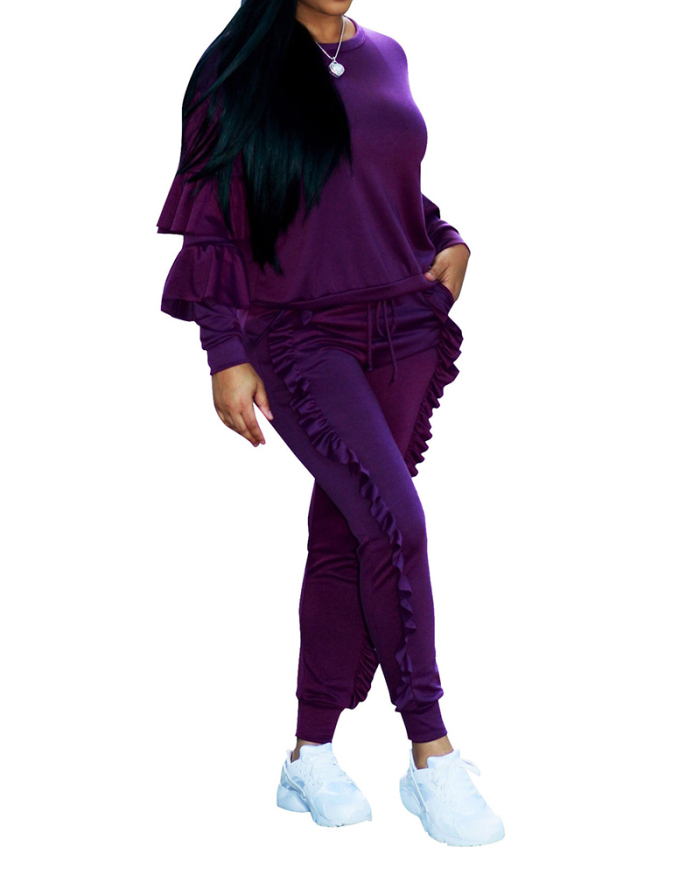 Fashion Women O-Neck Long Sleeve Ruched Patchwork Solid Color Tops and Pants Sets Two Pieces Outfit Yellow Purple Gray Black Rosy Green Wine Red Blue S-3XL